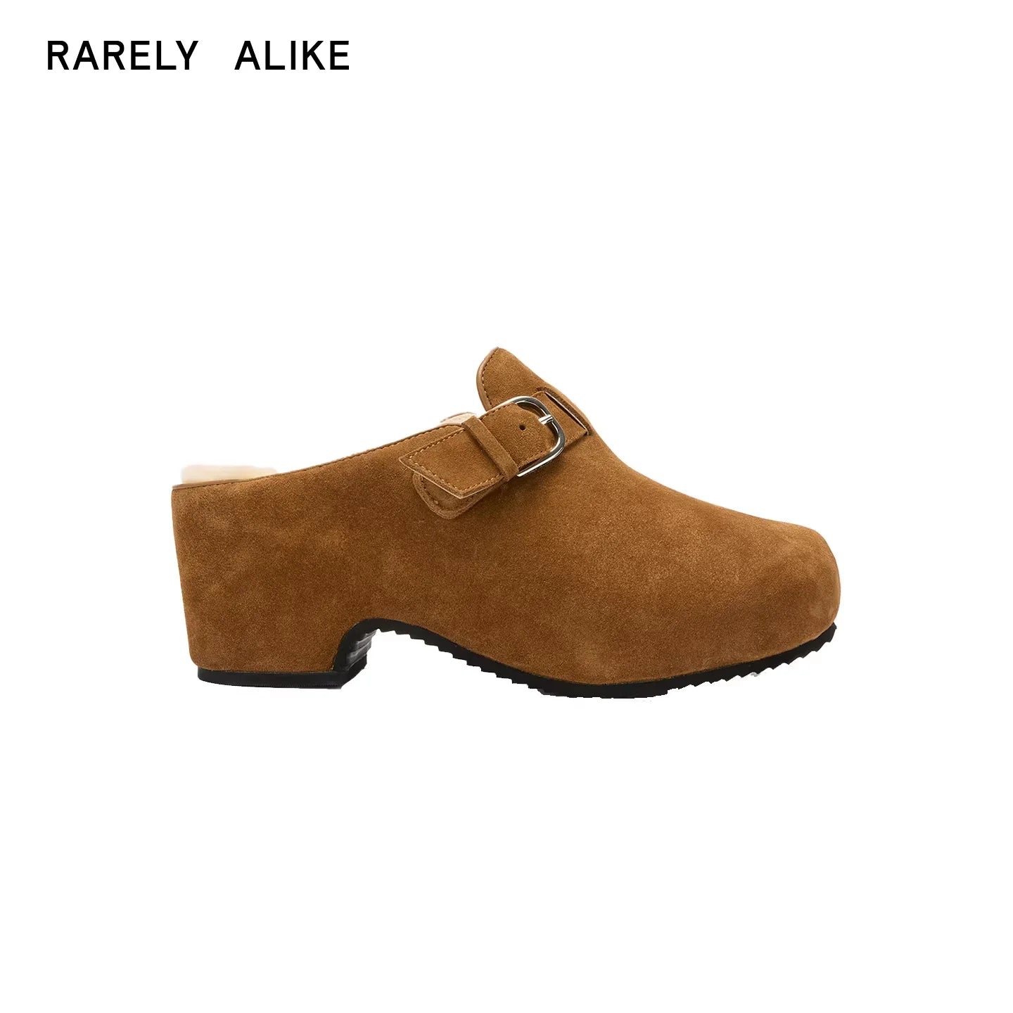 RARELY ALIKE Buckle Platform Suede Mules - Grey, Khaki, Black