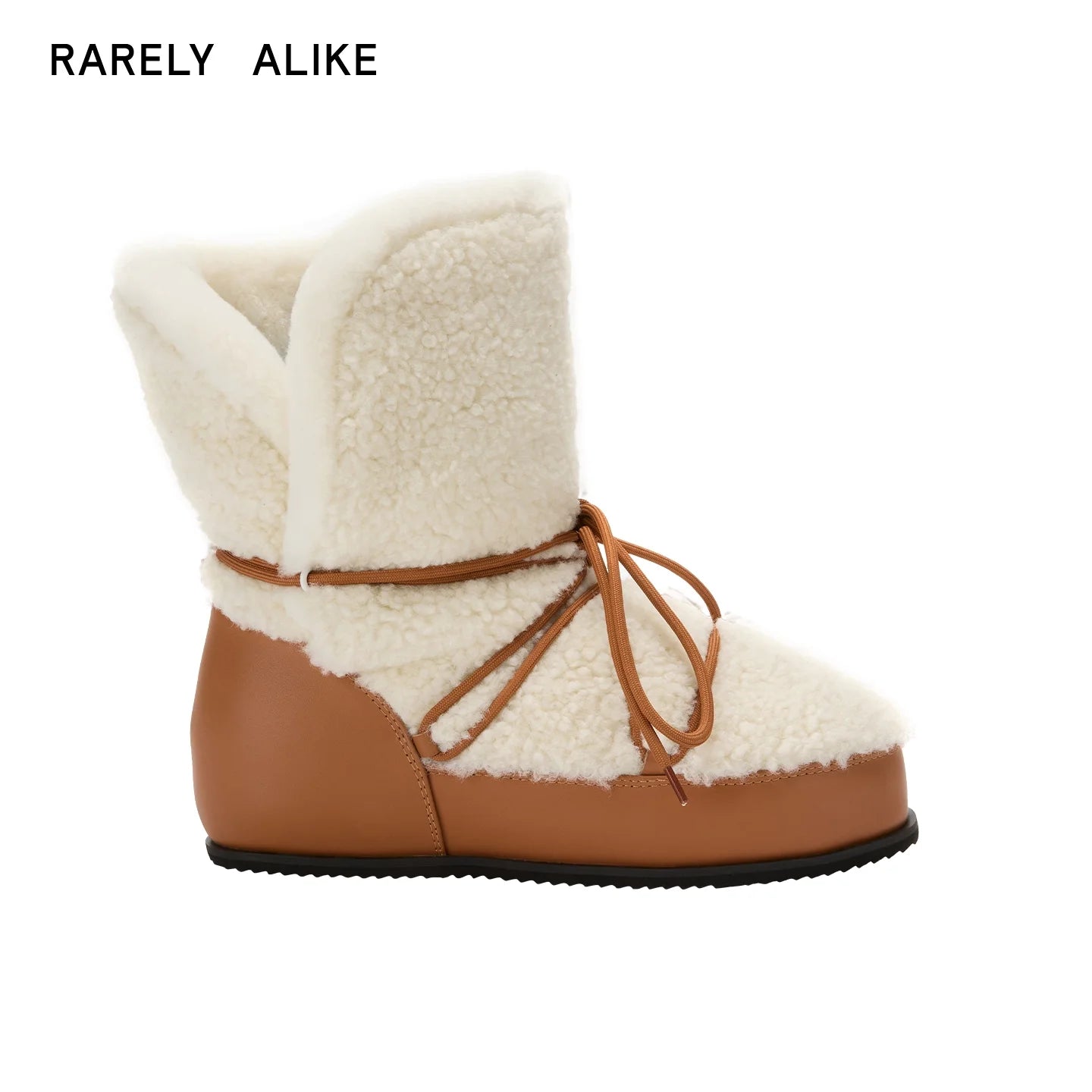 RARELY ALIKE Women's Hidden Wedge Lace-Up Furry Snow Boots - Brown/White Coffee
