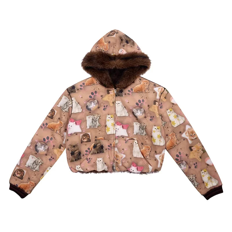 CFIERCE Reversible Cat Print Faux Fur Hooded Coat