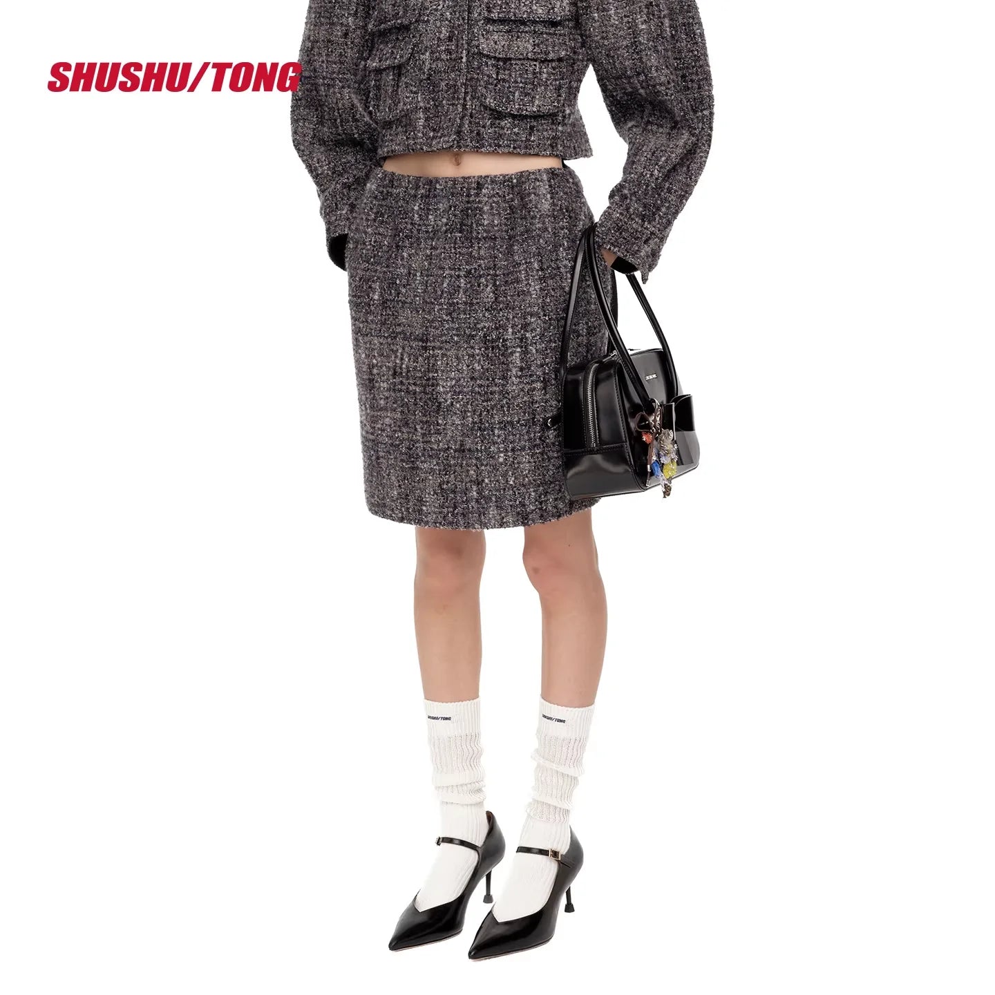 shushutong Winter Suede Ruched Knee-Length Skirt
