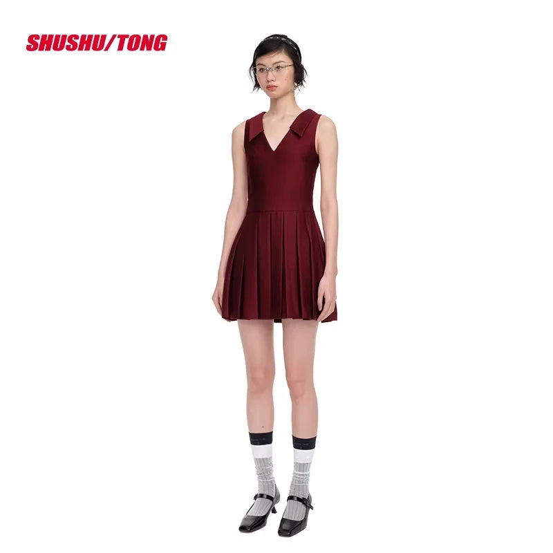 shushutong Elegant Pleated Mini Dress with Lace Collar Detail
