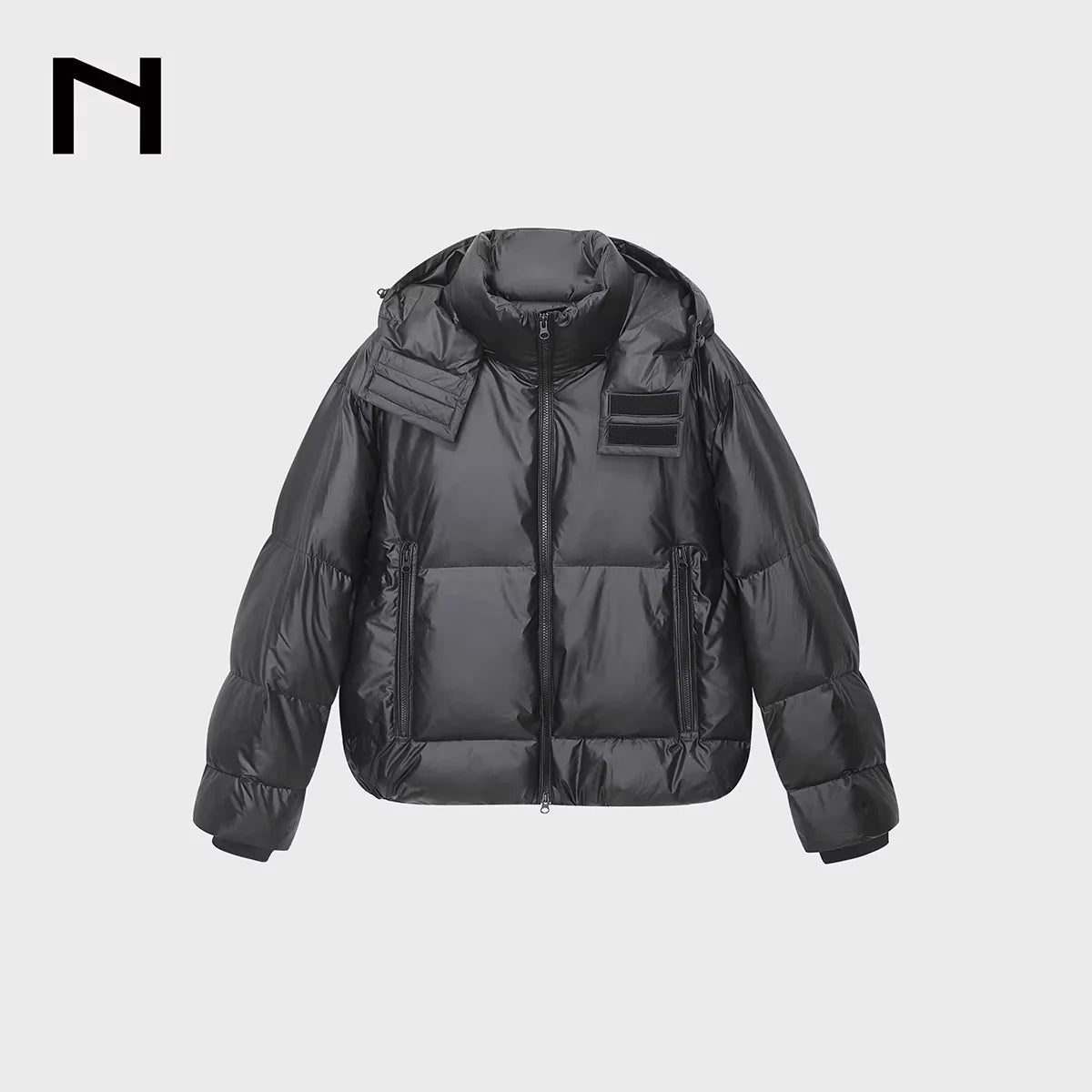 NANS Menswear Glossy High-Neck Waterproof Down Puffer Jacket with Detachable Hood