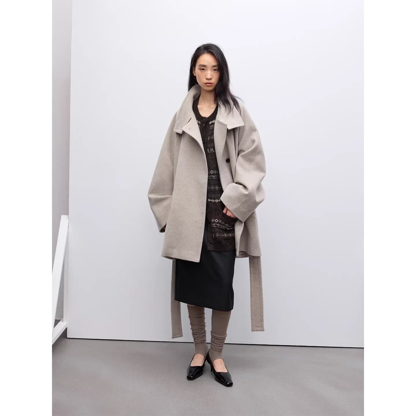 RandomPiece Oversized Alpaca Wool Blend Short Coat with Stand Collar and Wide Cuffs