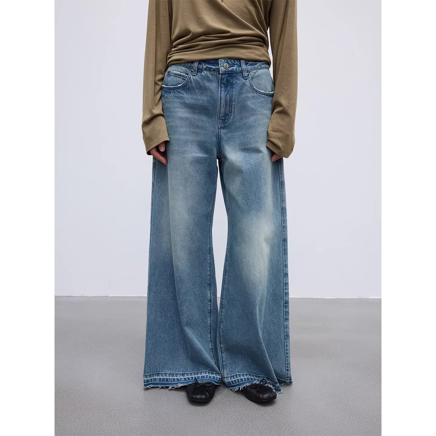 RandomPiece Raw Hem Flared Wide-Leg High-Waisted Jeans