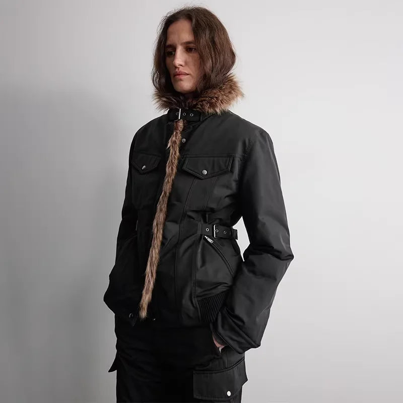 RandomPiece Women's Cinched-Waist Down Jacket with Faux Fur Hood