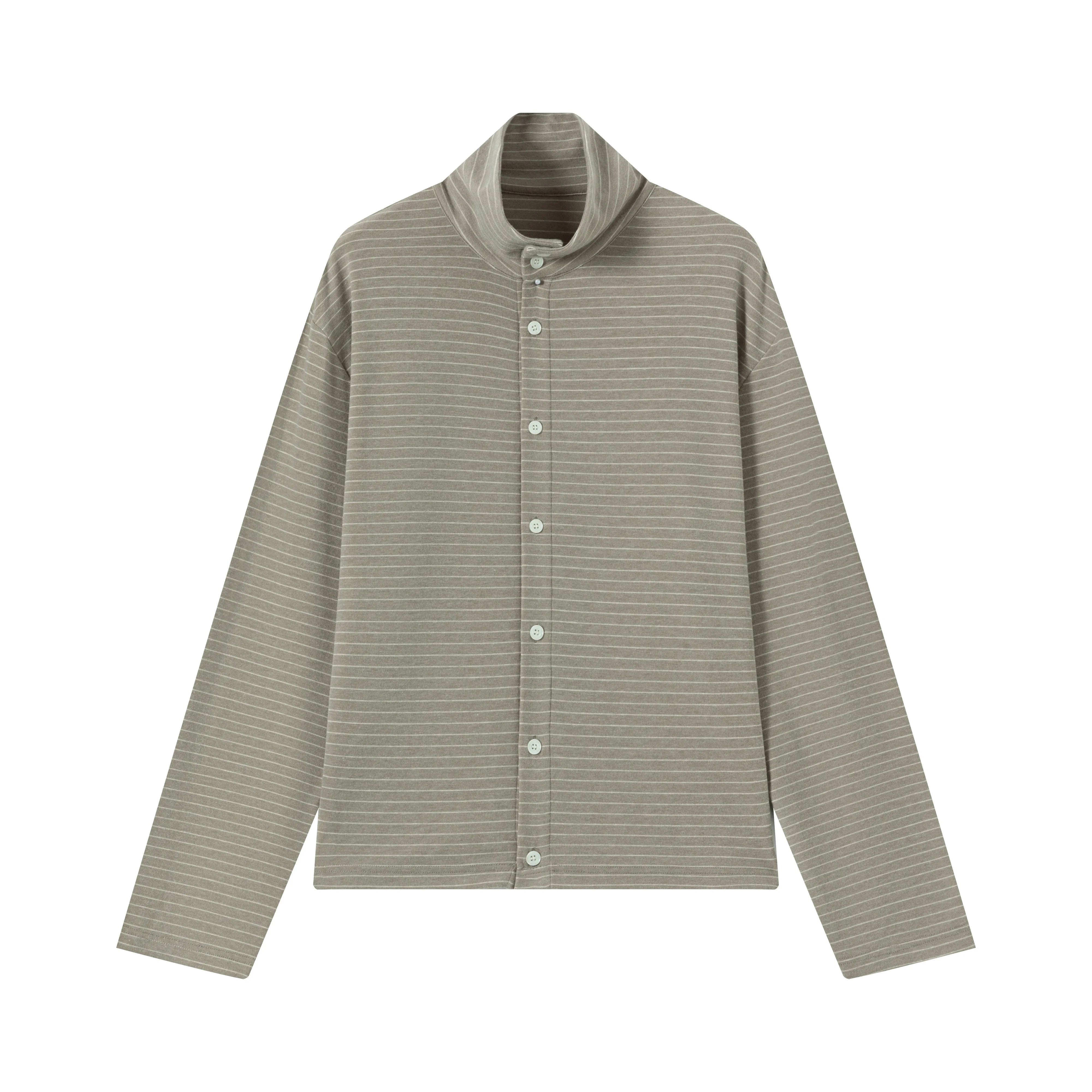 VLABMADE Men's Striped Wool Tencel Button-Up Turtleneck Cardigan