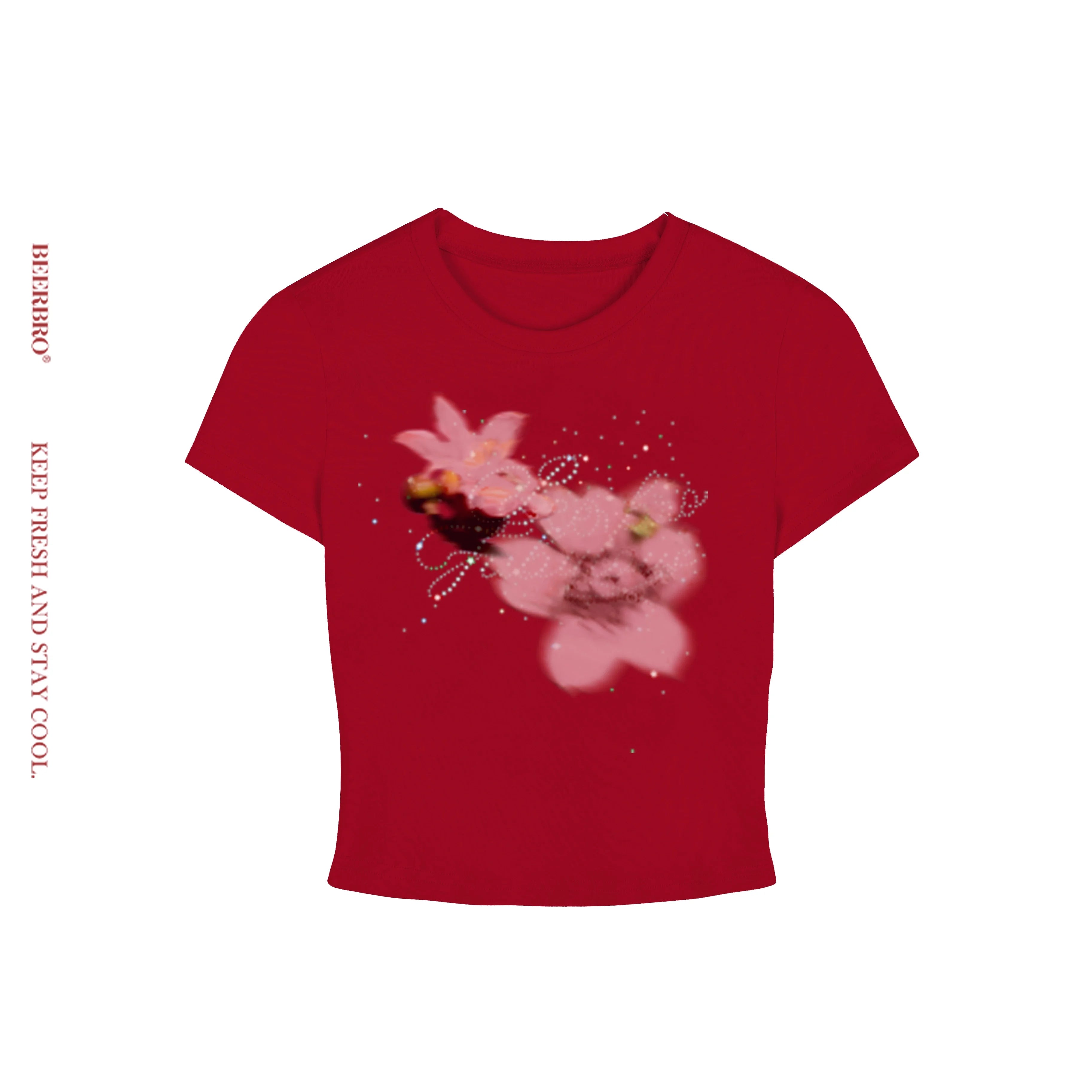 BeerBro Sheer Spray-Dyed Cropped T-Shirt with Floral Print and Rhinestone Accents