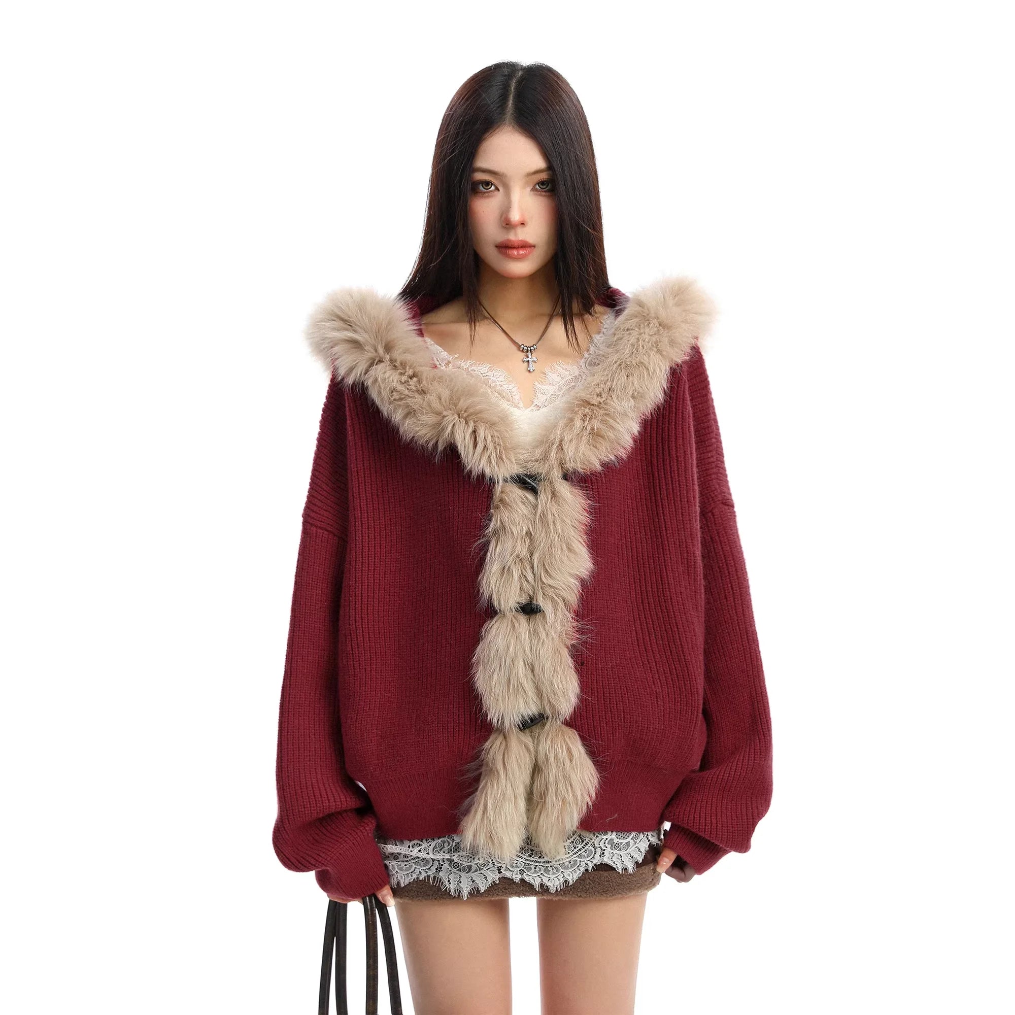 BIGGOLD STUDIO Faux Fur Trim Hooded Knit Cape for Women