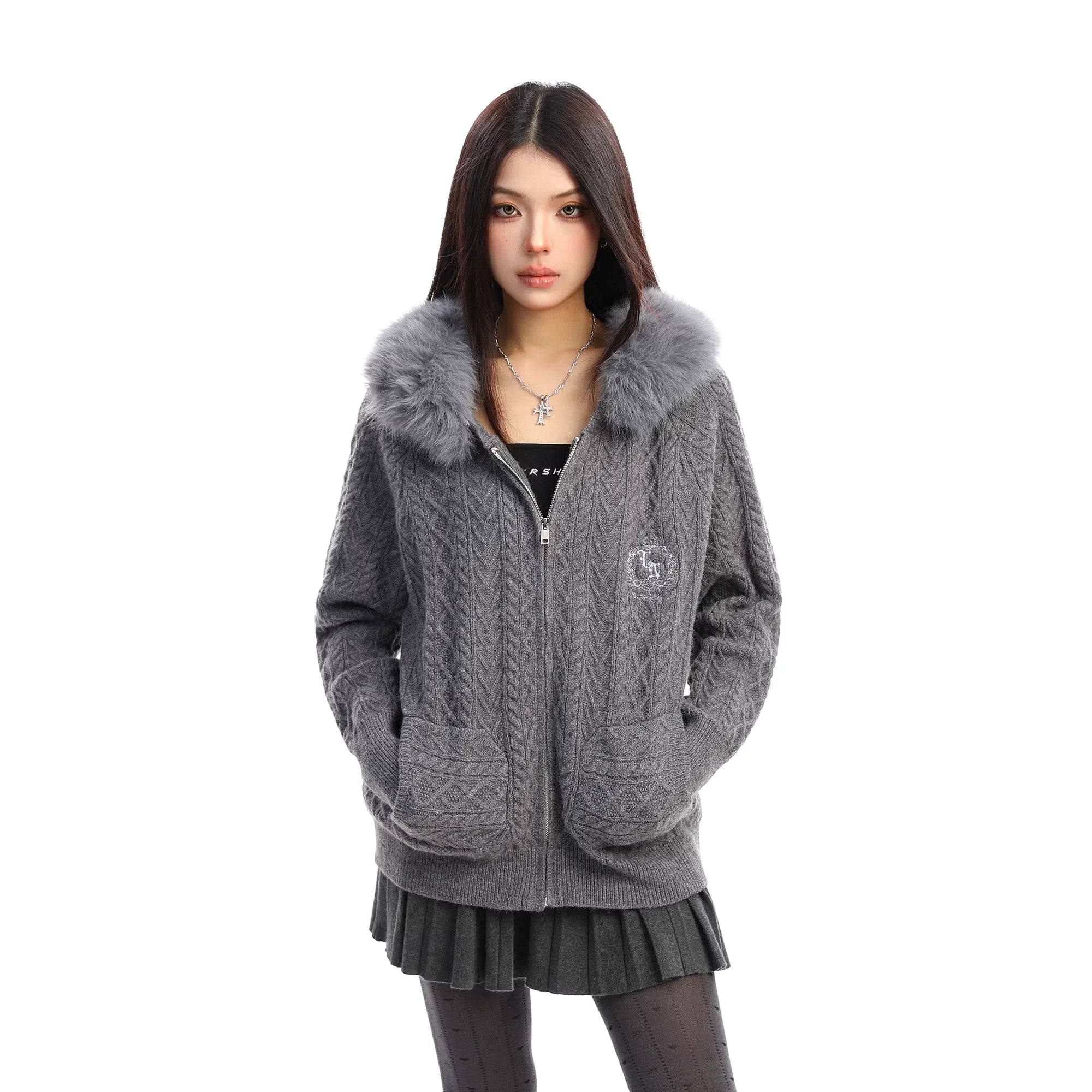 BIGGOLD STUDIO Women's Hooded Cable Knit Cardigan with Faux Fur Collar