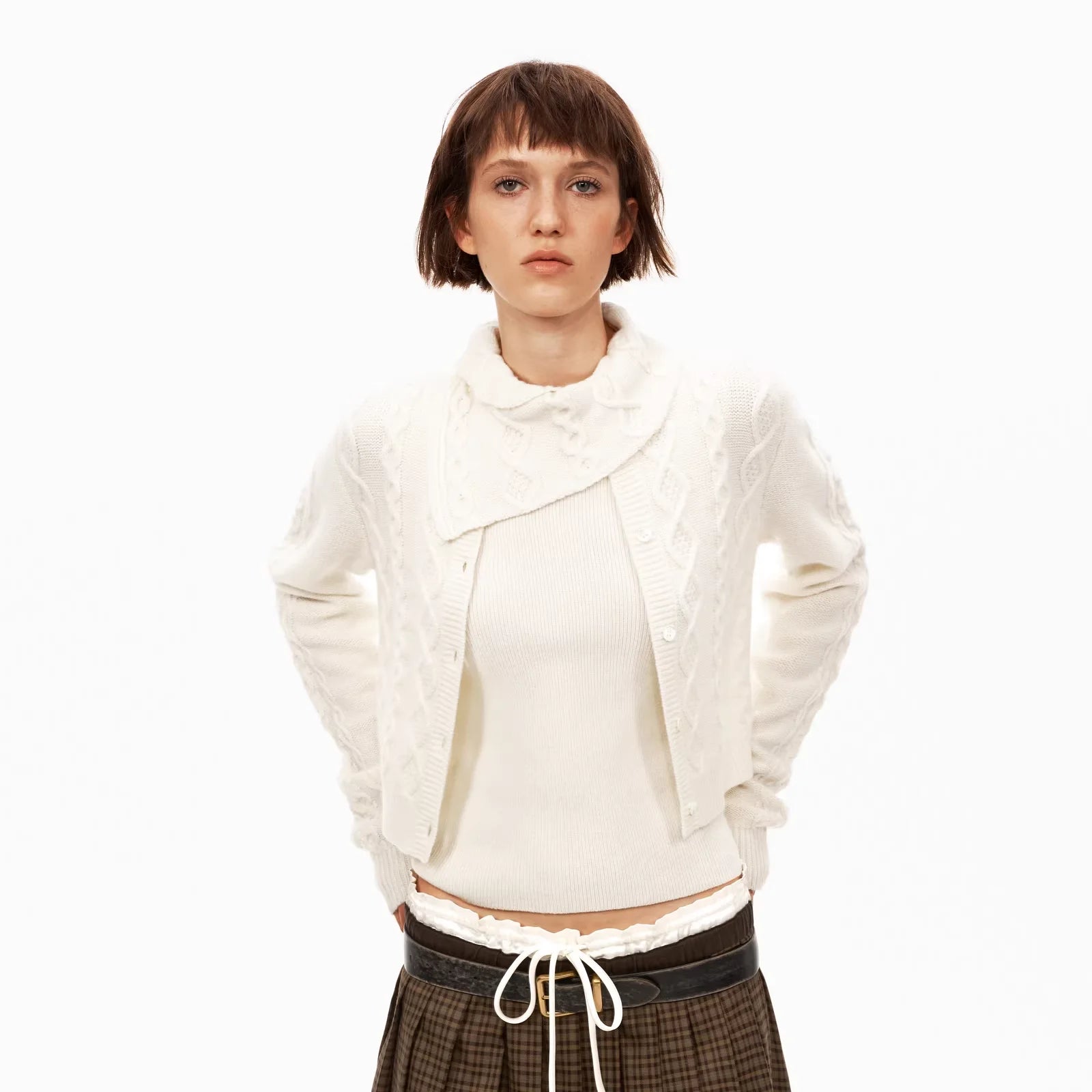 PUKI Wool-Blend Vintage Cable Knit Vest and Cardigan Set