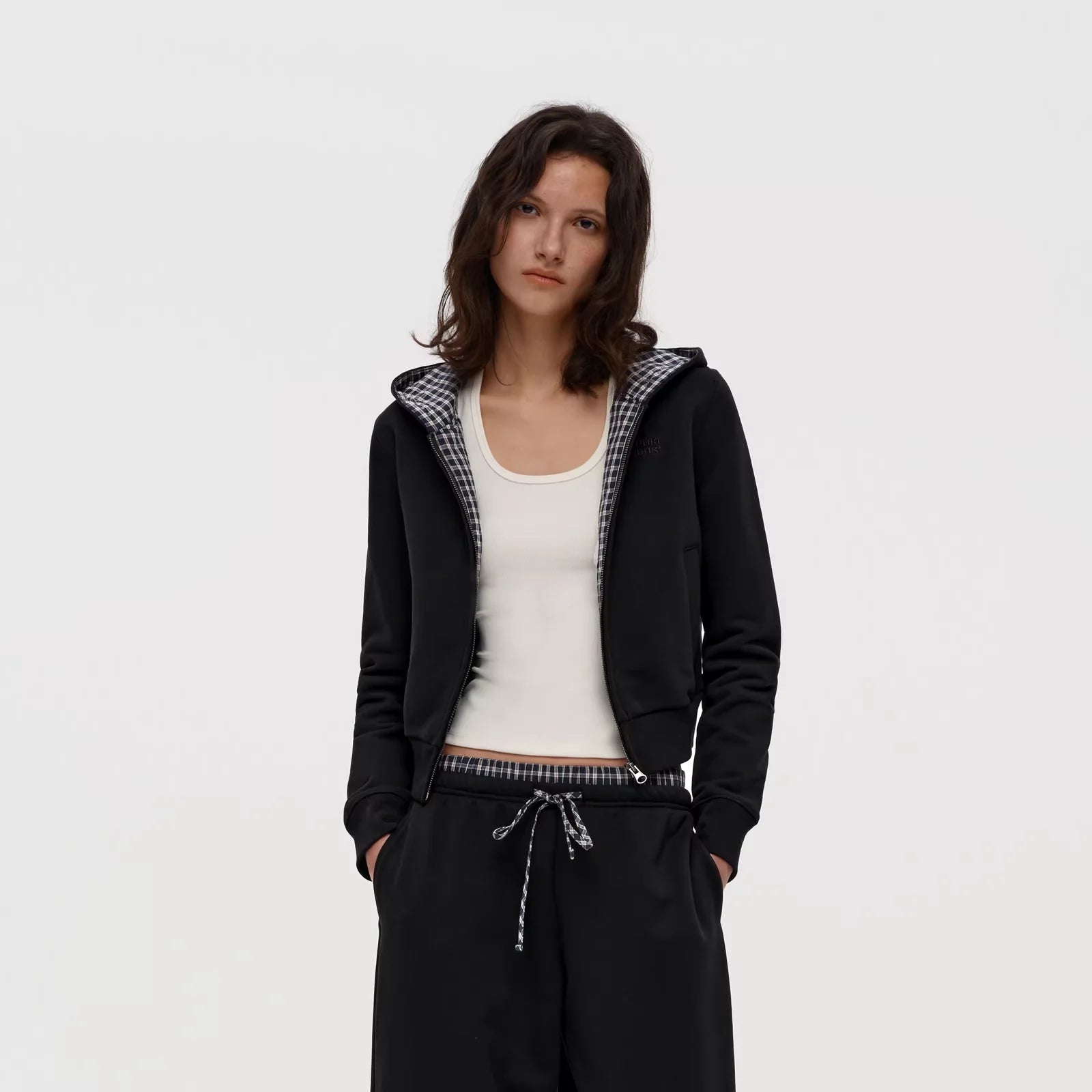 PUKI Plaid Patchwork Cropped Hoodie and Sweatpants Set