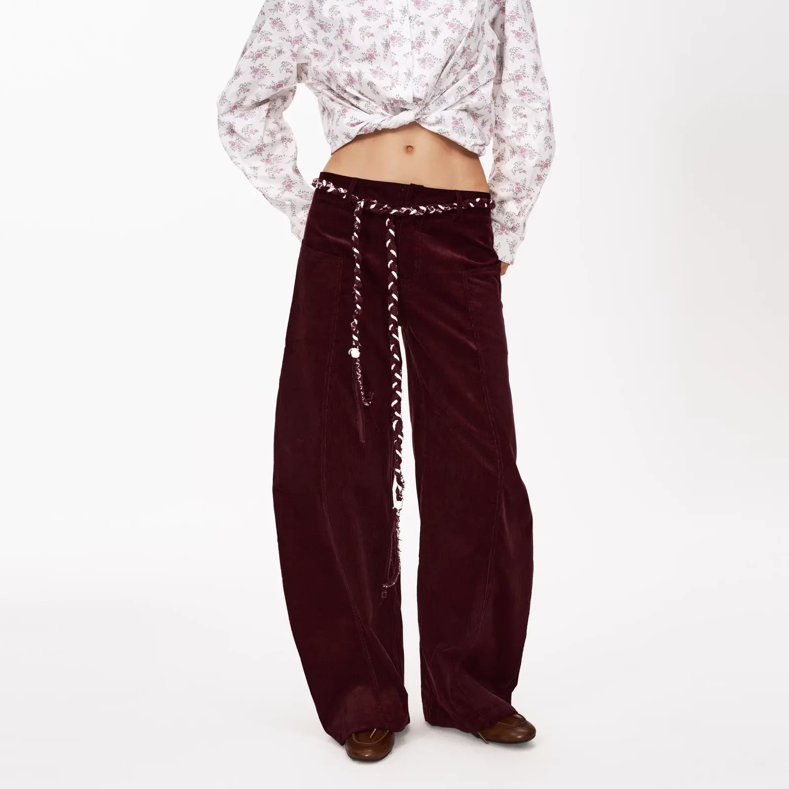 PUKI Vintage Corduroy Wide-Leg Pants with Braided Belt