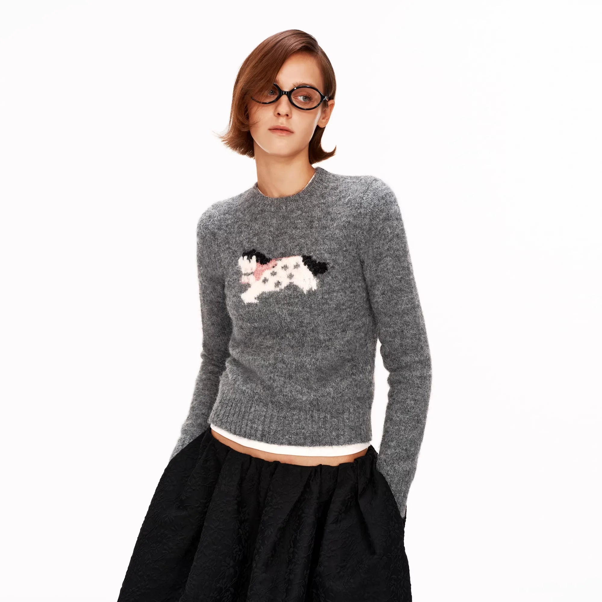 PUKI Embroidered Wool Sweater with Dog Motif and Crew Neck