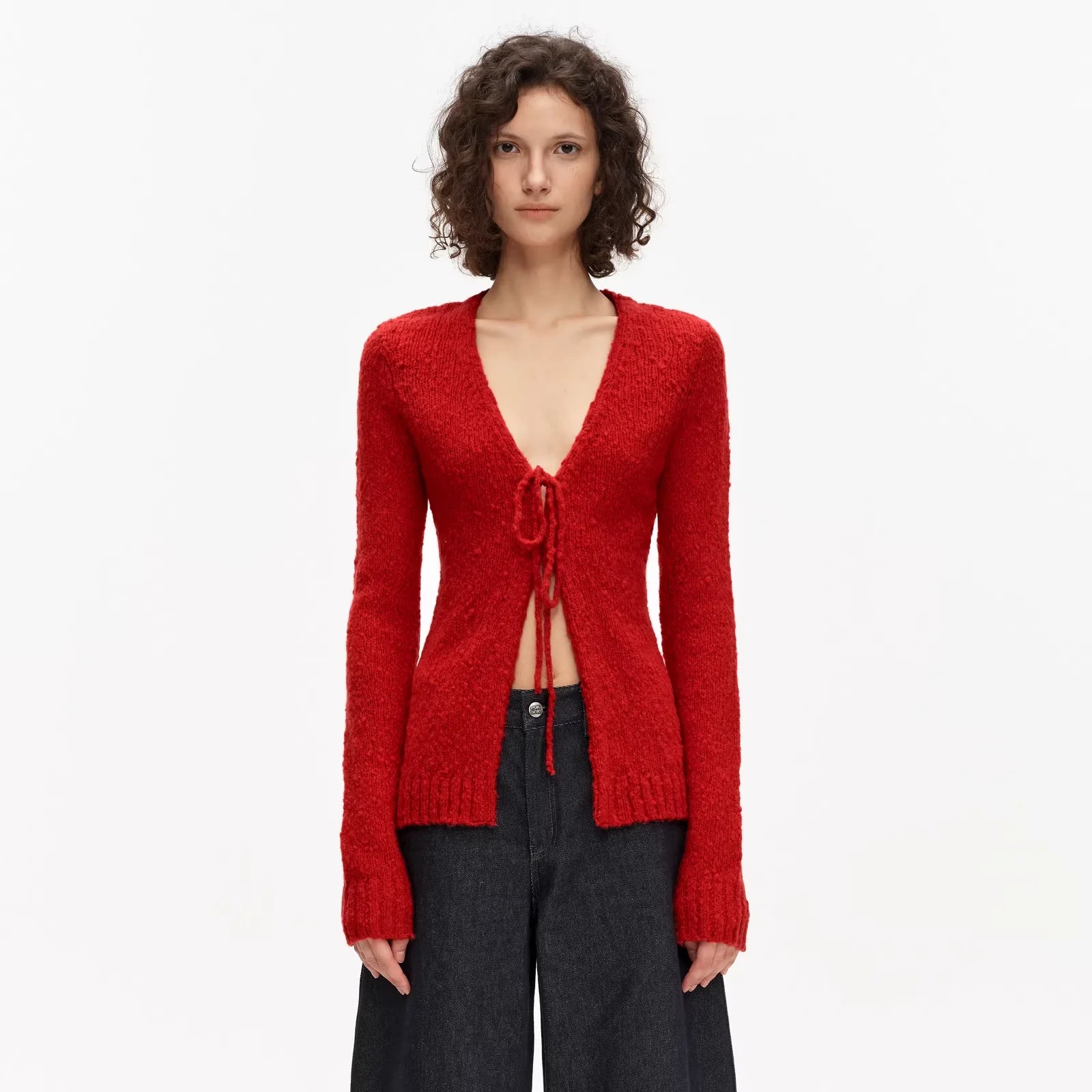 PUKI Textured Knit Tie-Front Cropped Cardigan