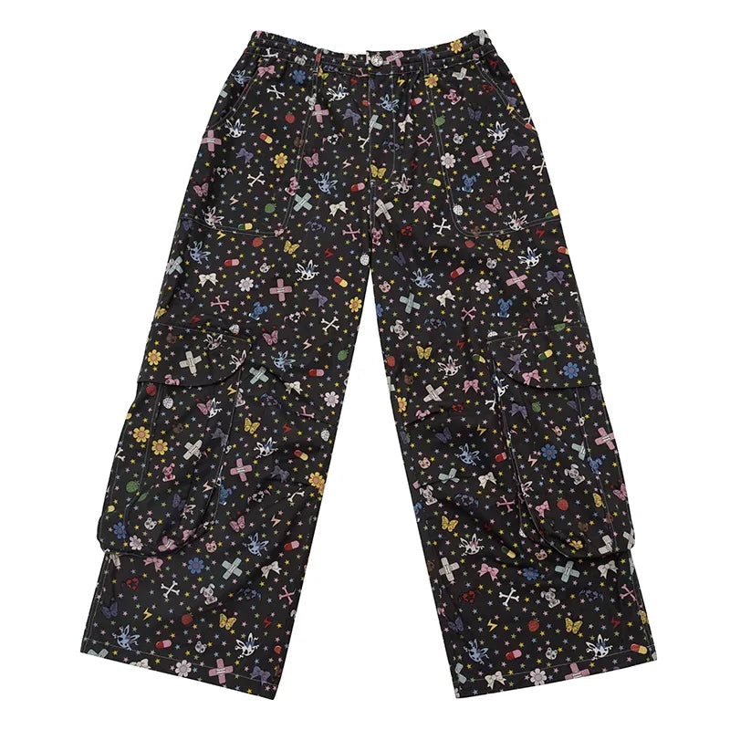 CFIERCE Whimsical Cartoon Print Wide-Leg Cargo Pants