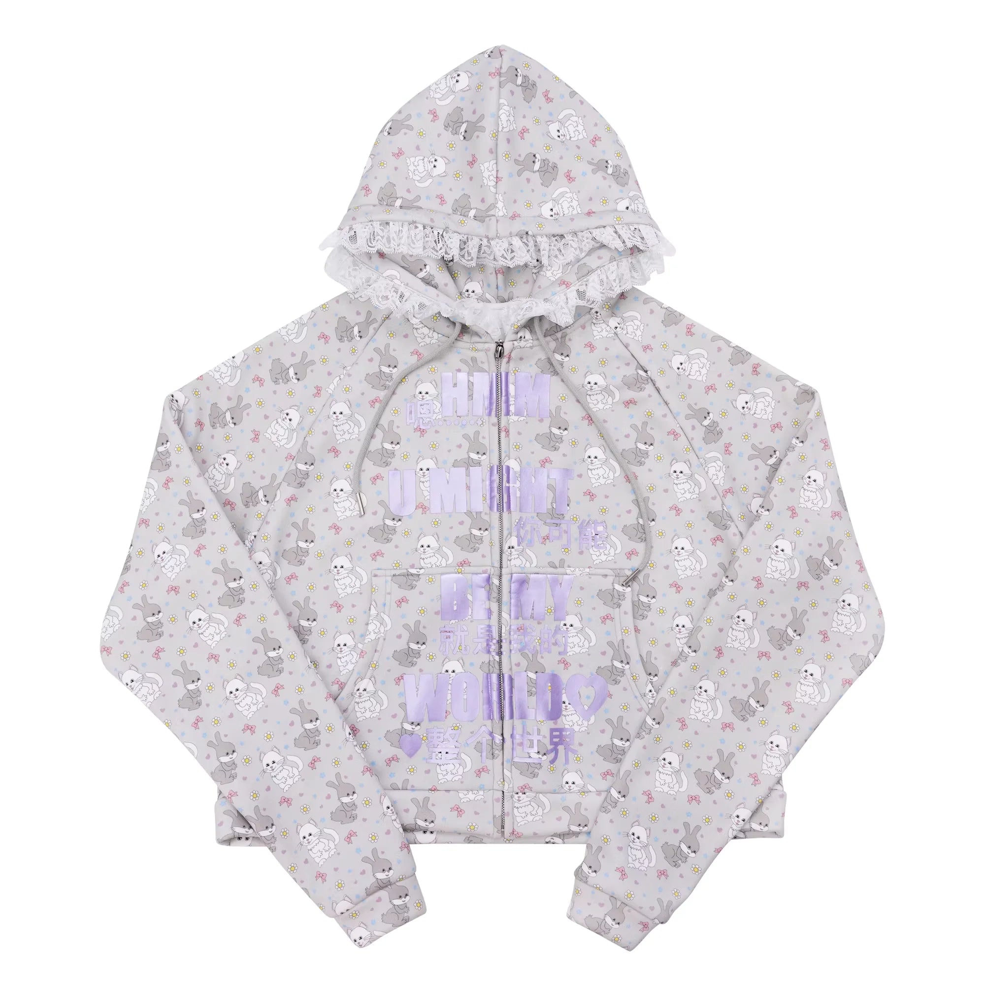 CFIERCE Cat and Bunny Print Lace Trim Hoodie