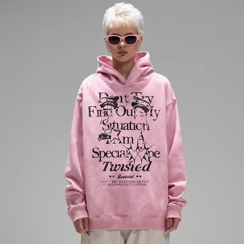 LOSTCTRL Dirty Pink Fleece-Lined Oversized Hoodie with Graphic Print