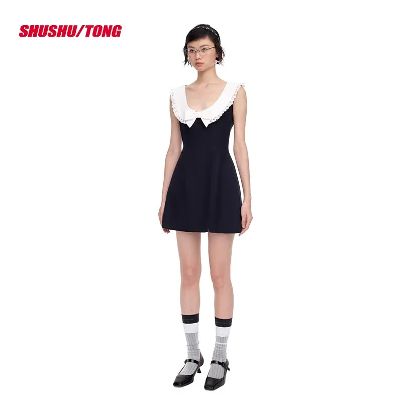 shushutong Elegant Sleeveless A-Line Dress with Bow and Ruffled Collar