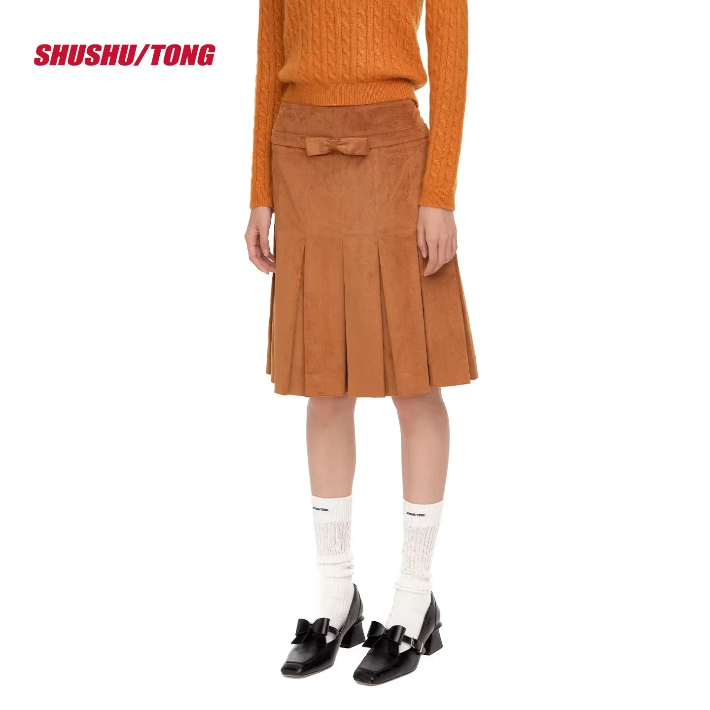 shushutong Women's Winter Pleated Skirt with Bow Waist Detail