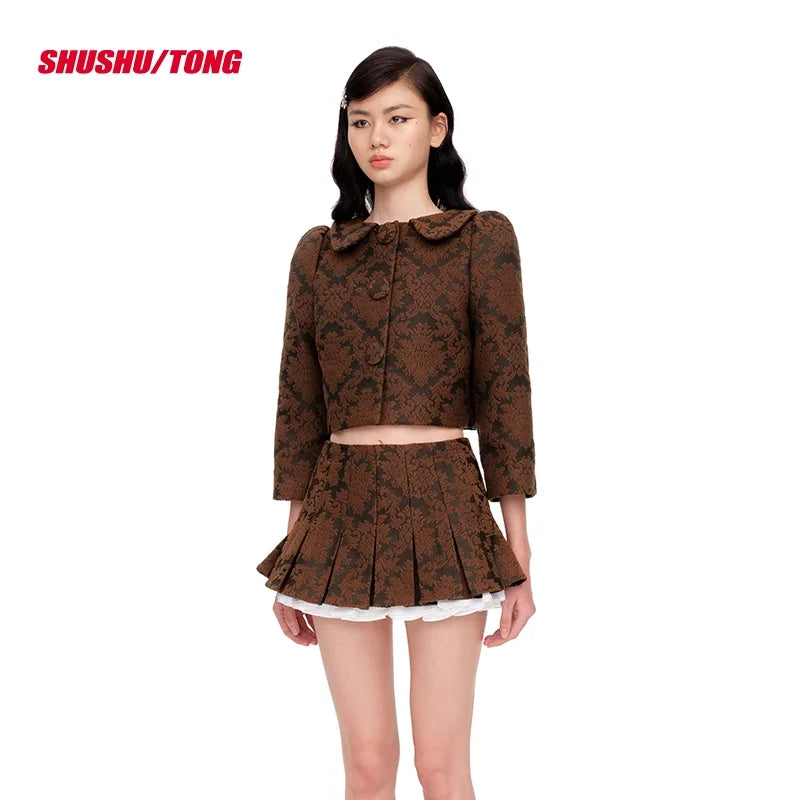 shushutong Women's Elegant Cropped Jacket with Peter Pan Collar
