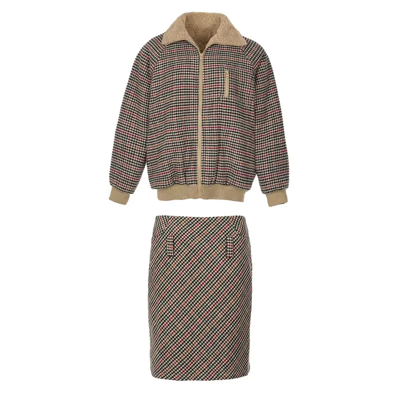 Amee Red-Green Houndstooth Sherpa Jacket and Skirt Set