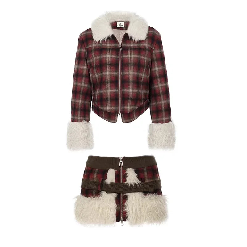 Amee Red Plaid Faux Fur Trim Quilted Jacket and Shorts Set