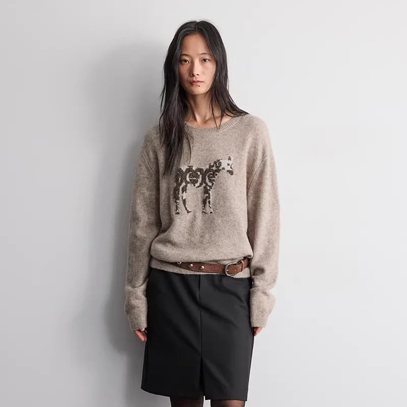 RandomPiece Wool Silk Blend Horse Pattern Knit Sweater