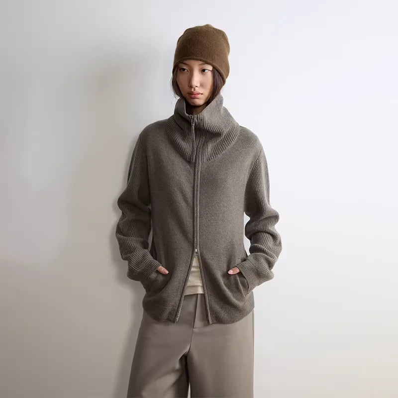 RandomPiece Extra Fine Wool Patchwork Zip Cardigan with Drape Collar