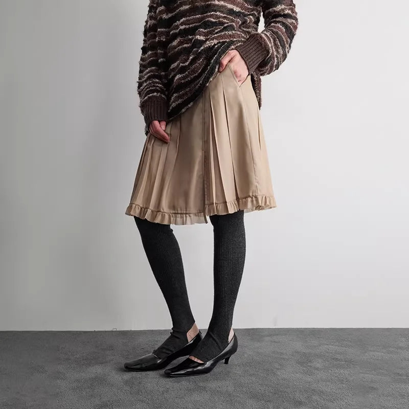 RandomPiece Irregular Pleated Faux Leather Skirt with Ruffle Hem