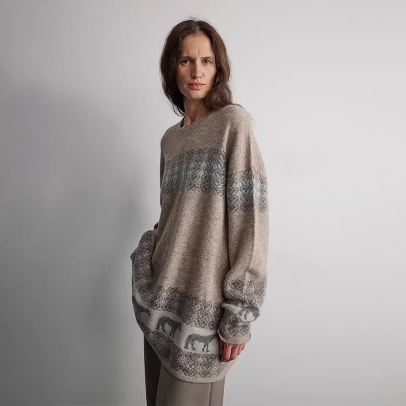 RandomPiece Wool Silk Blend Jacquard Oversized Sweater