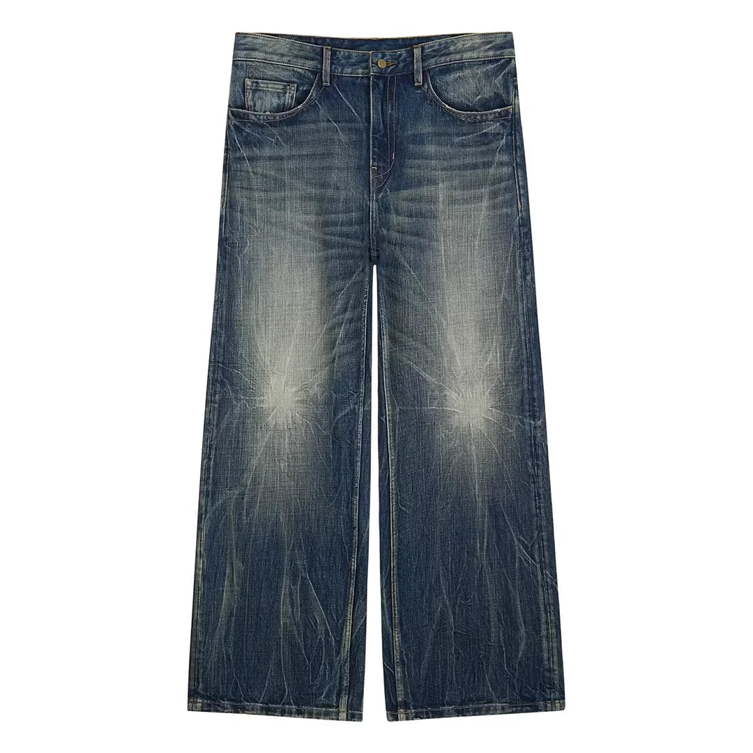 Simple Project Men's Wide-Leg Lightning Wash Distressed Jeans