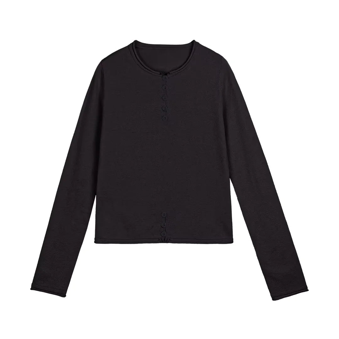 Simple Project Buttoned Fitted Knit Top with Rolled Edges