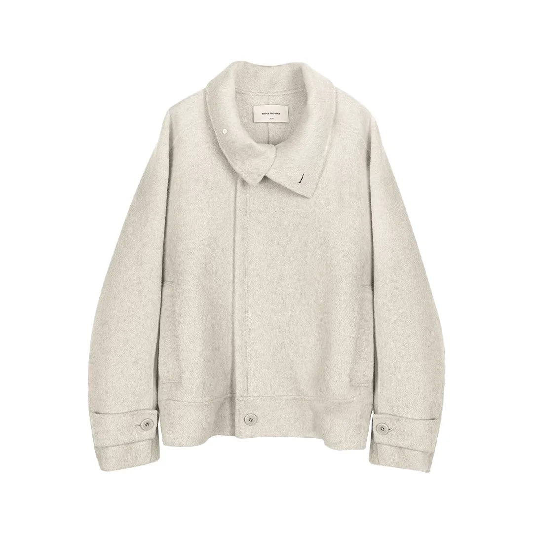 Simple Project Unisex High-Neck Wool Jacket with Button Details