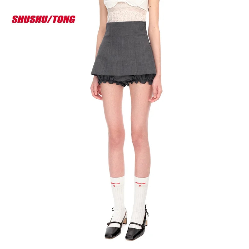 shushutong Women's High Waist A-Line Mini Skirt Pants with Back Zipper and Ruffled Detail