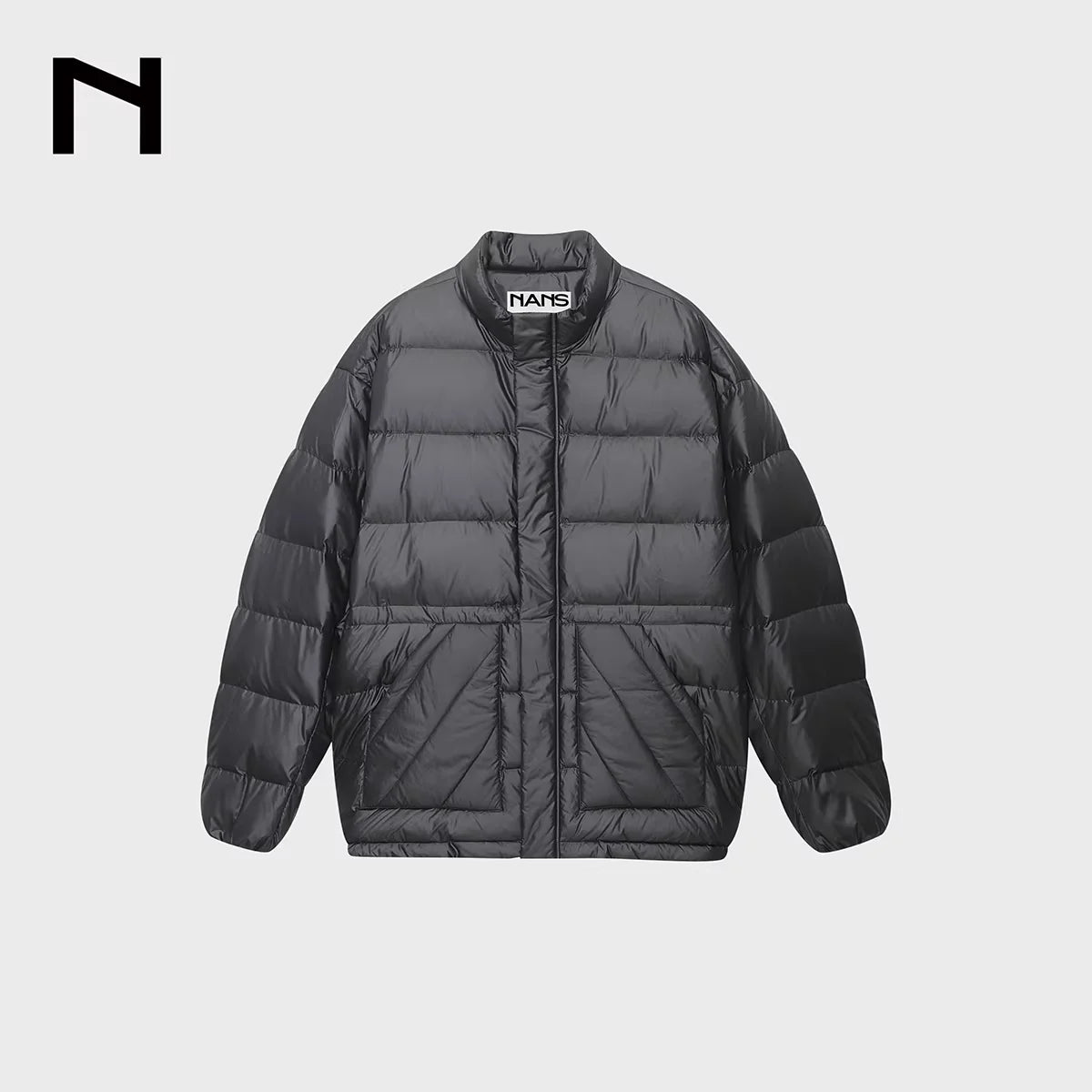 NANS Menswear Glossy Quilted Down Jacket with Stand Collar and Drawstring Waist