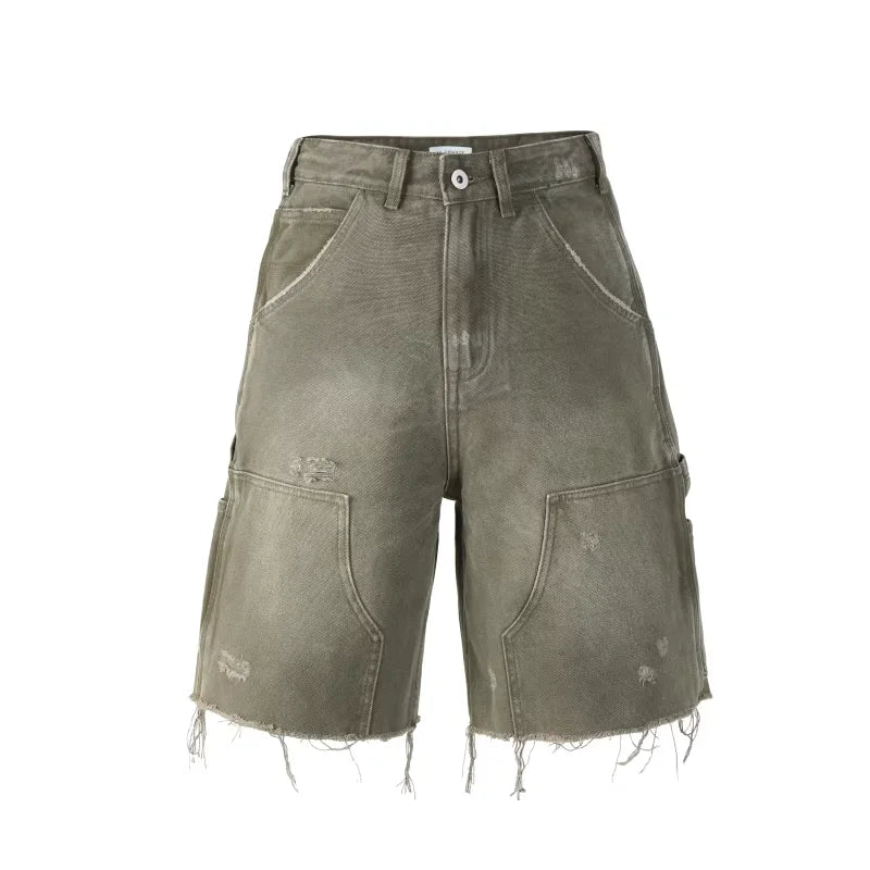 VLABMADE Men's Distressed Double Knee Denim Work Shorts