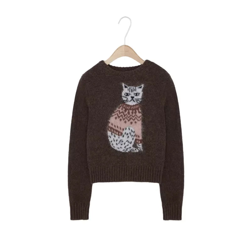 alright then Alpaca Wool Fitted Cat Graphic Pullover Sweater