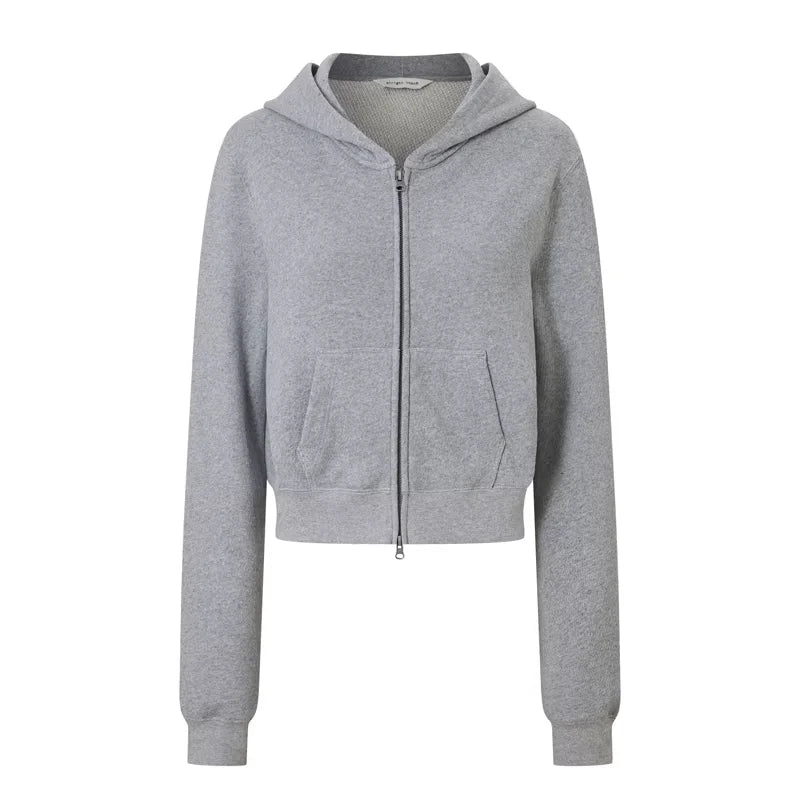 alright then Women's Double Zipper Cropped Hoodie Jacket