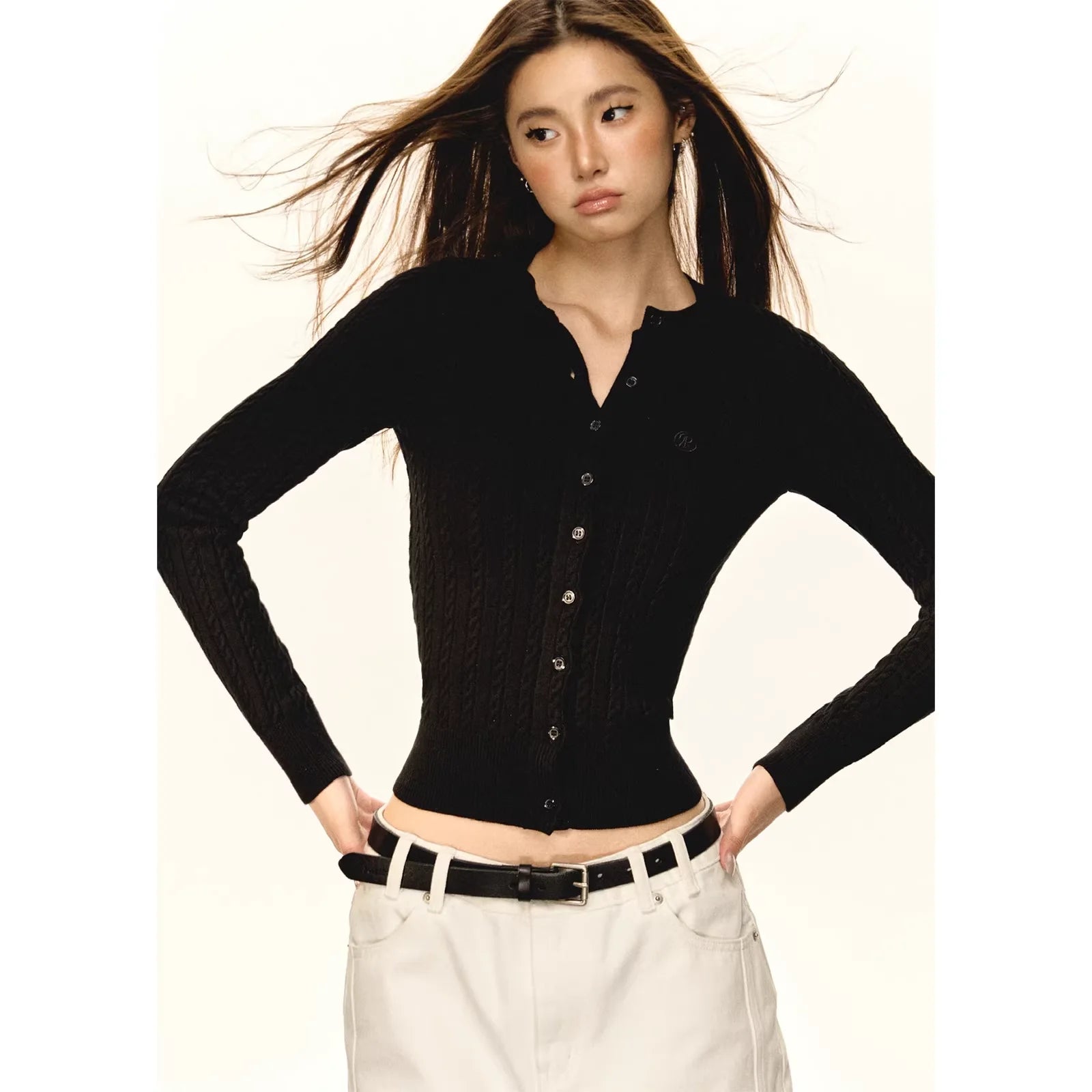 ARISEISM Slim Fit Round Neck Cable-Knit Cardigan for Women