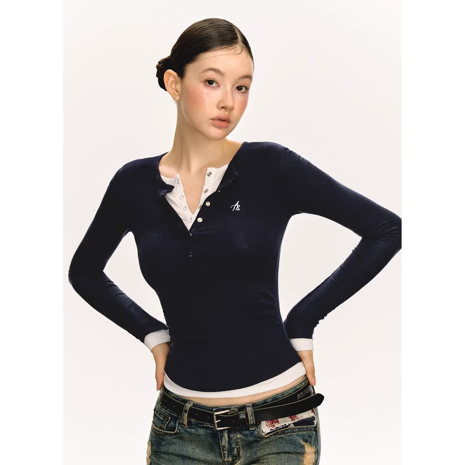 ARISEISM Women's Slim Fit Layered Henley Long Sleeve Top