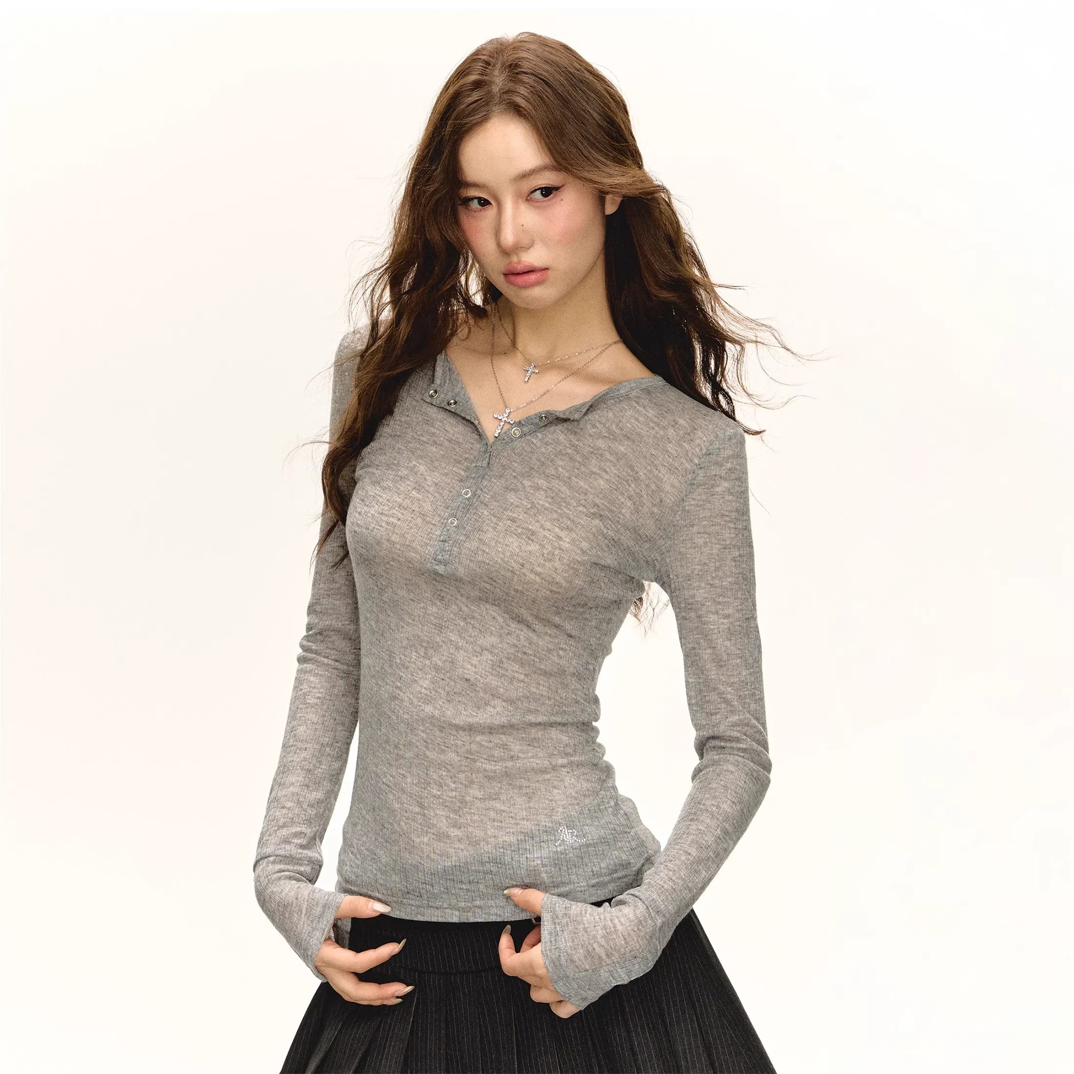 ARISEISM Sheer Ribbed Long Sleeve Henley T-Shirt for Women