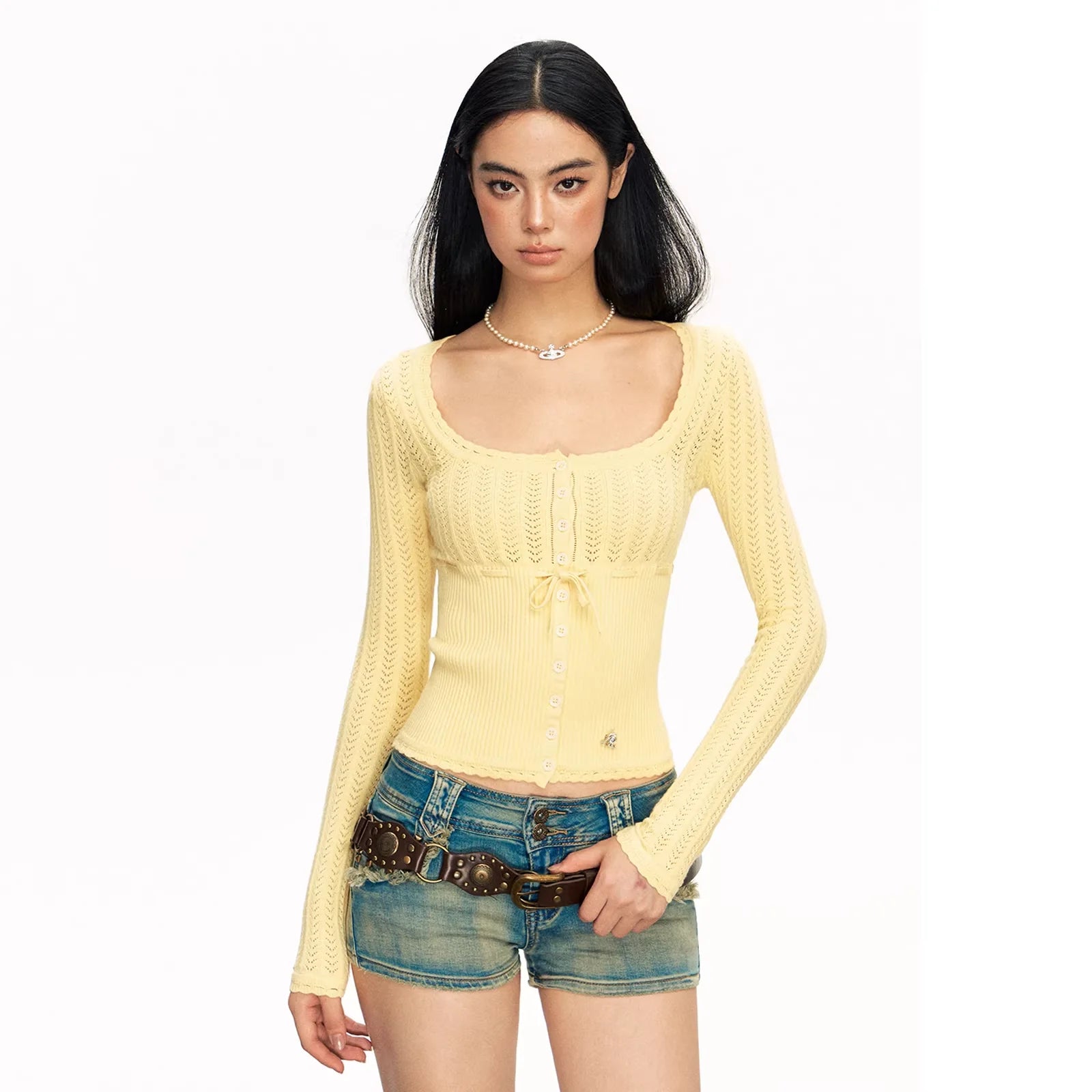 ARISEISM Women's Slim Fit Hollow Knit Cardigan with Bow Tie and Button Front