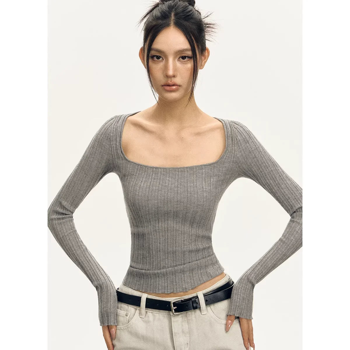 ARISEISM Women's Ribbed Long Sleeve T-Shirt with Square Neckline - Fall 2025