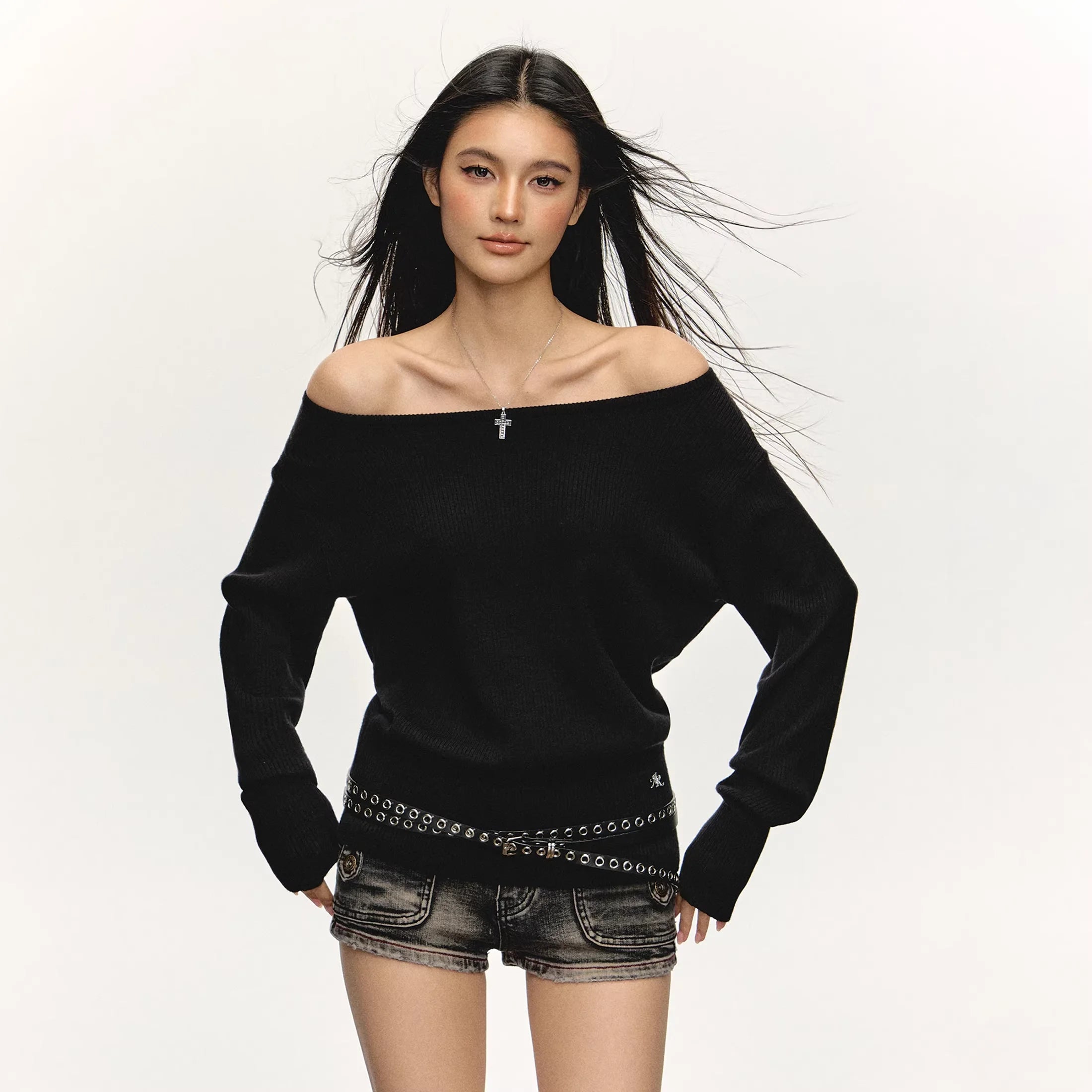 ARISEISM Women's Off-Shoulder Ribbed Knit Sweater – Long Sleeve Pullover Top
