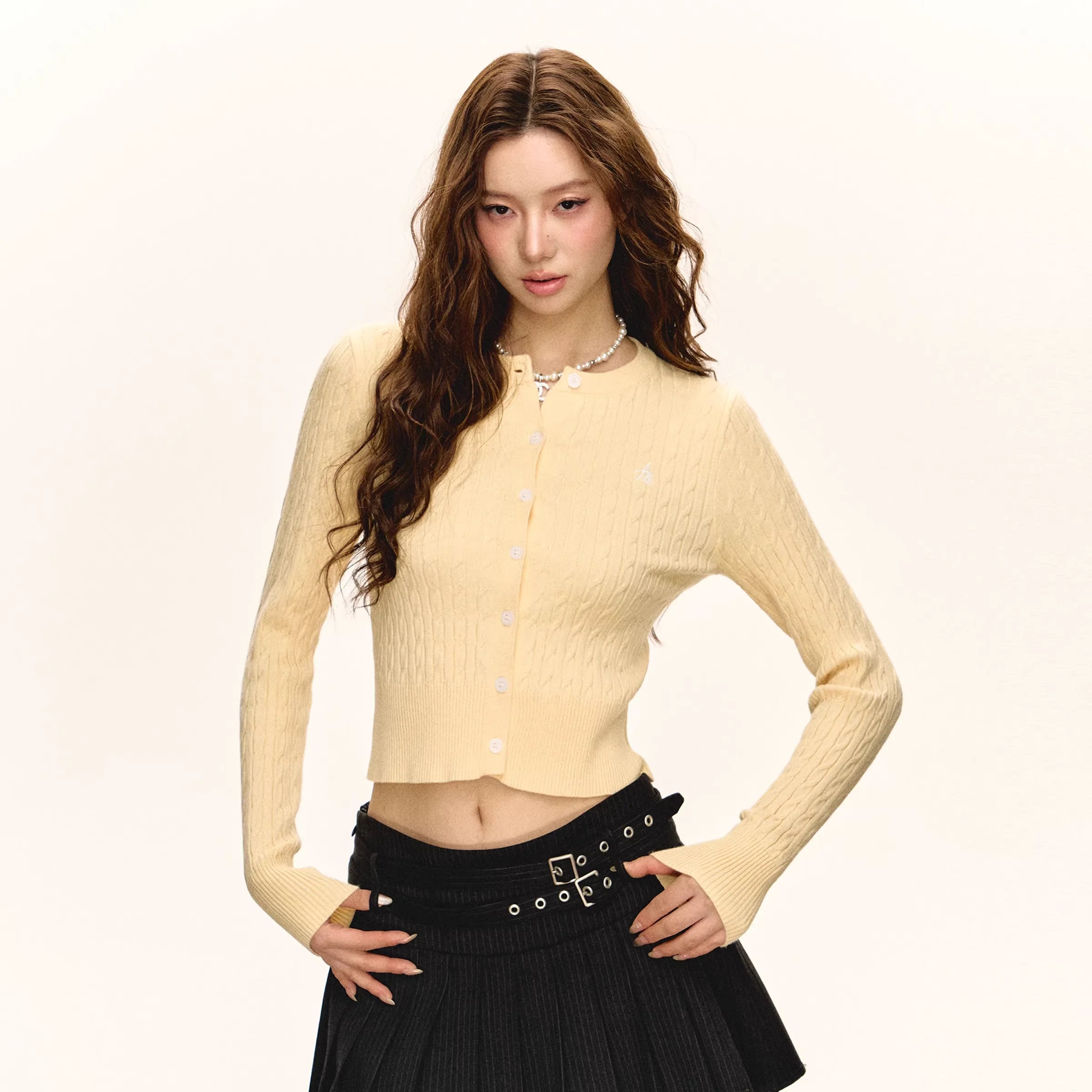 ARISEISM Women's Red Slim Fit Ribbed Knit Cardigan with Button Front