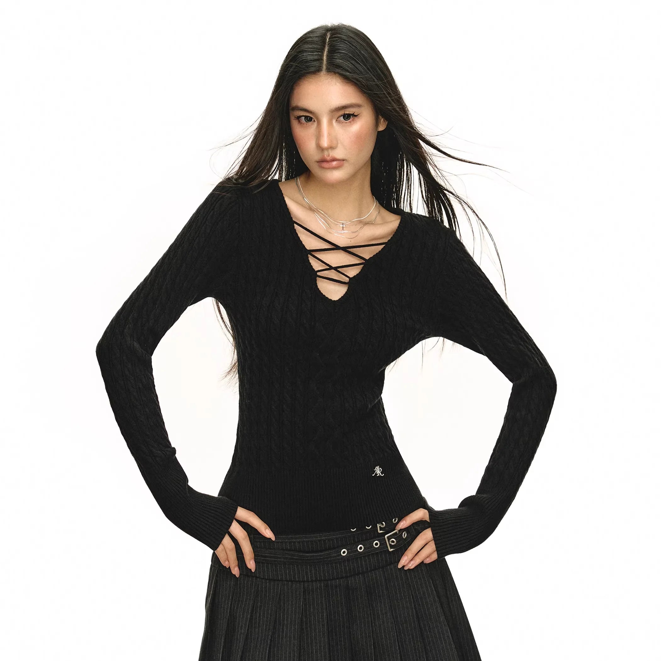 ARISEISM Women's Slim Fit Ribbed Knit Lace-Up V-Neck Sweater - Autumn 2025