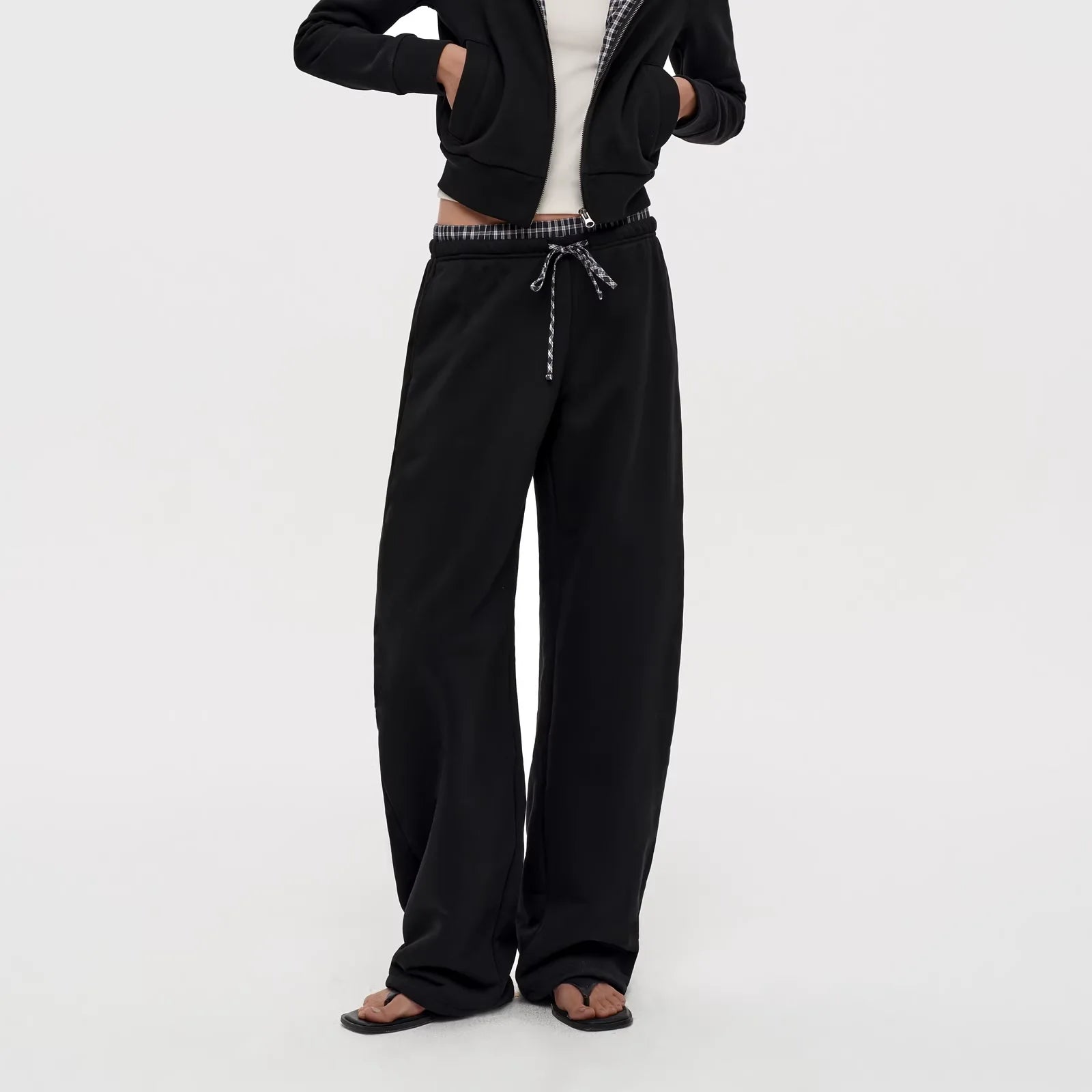 PUKI Plaid Patchwork Cropped Hoodie and Sweatpants Set