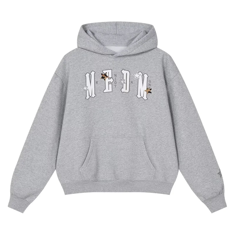 MEDM Fleece Lined Star Letter Patch Hoodie for Fall and Winter - Men's Casual Heavyweight Sweatshirt