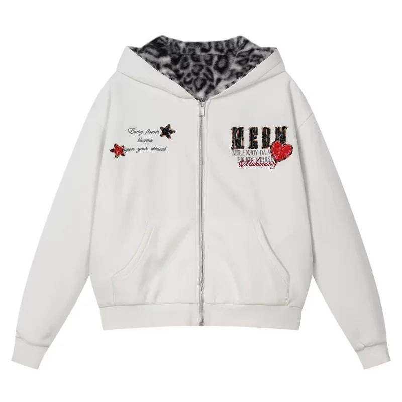 MEDM Reversible Leopard Print Heart Embroidered Cotton Hoodie Jacket