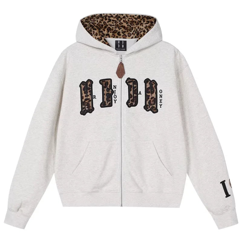 MEDM Leopard Print Zip-Up Hoodie with Hood Lining and Decorative Text